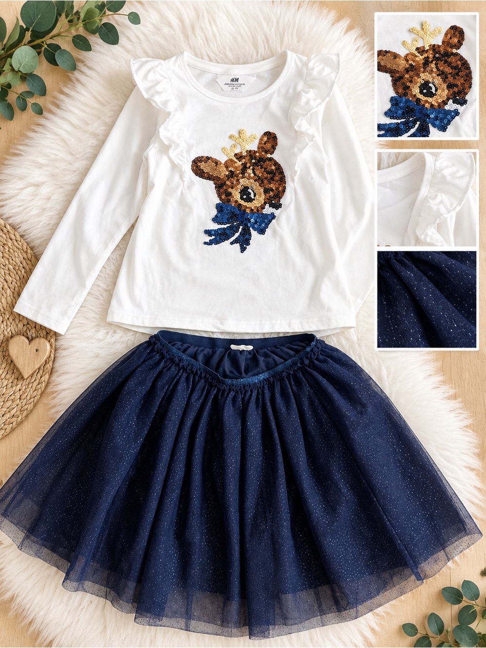 H&M White Sequin Reindeer Top and Navy Glitter Tulle Skirt